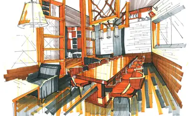 Interior design for the restaurant Roma Caffe. Interior design services. Architectural firm INK Architects